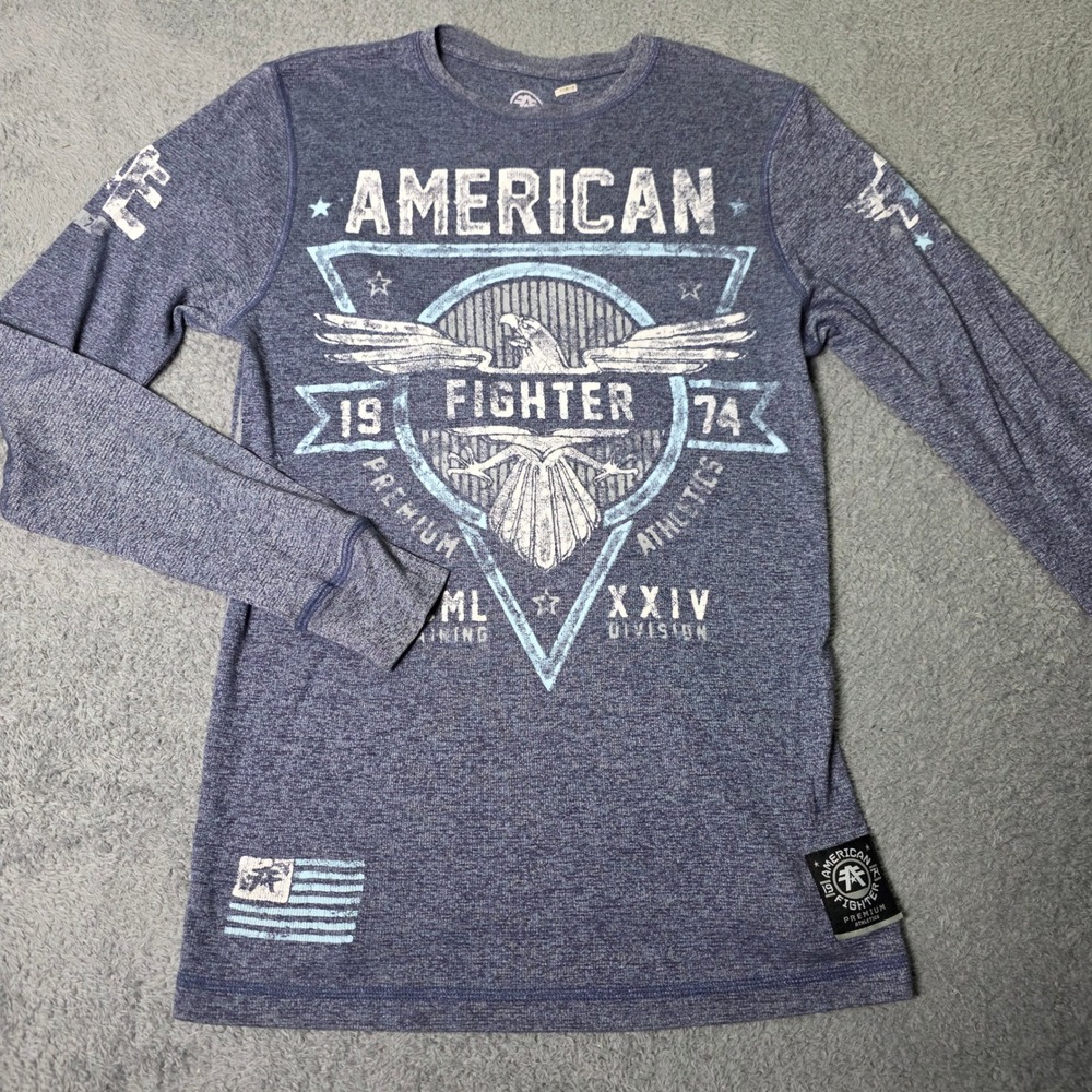American Fighter Mens Large Long Sleeve Thermal Shirt Blue Graphic Buckle 6344